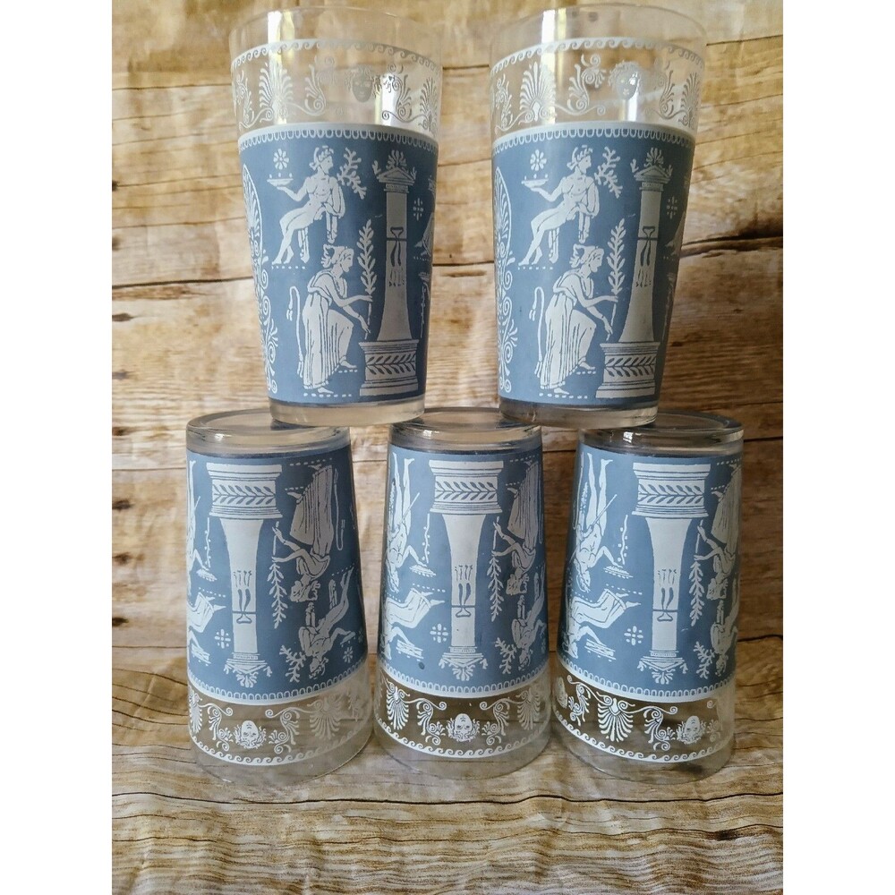 Jeannette Glass Corinthian Blue 5 Tumblers Flat 5" h 8 oz Greek Figures